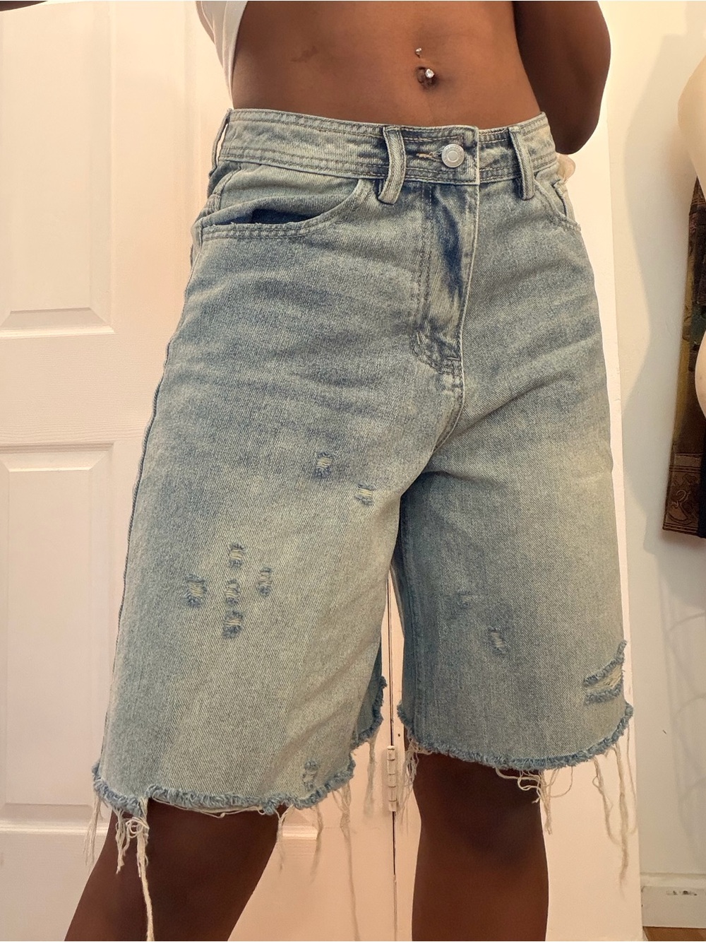 Light Wash Distressed Denim Bermuda Shorts - Women